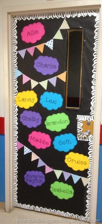 Classroom Door with students names and a banner -- classroom doors