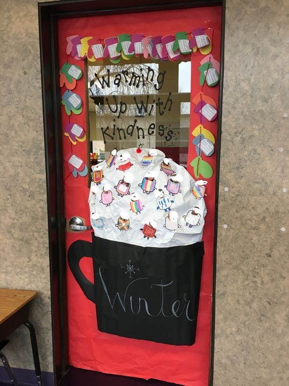 Classroom door decorated with a large mug of hot chocolate and mittens (Winter Classroom Doors)