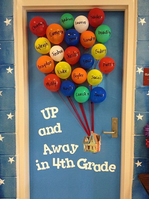 Door decoration of the UP movie house with the balloons labelled with the students names, and a phrase saying "UP and away in 4th grade" -- classroom doors