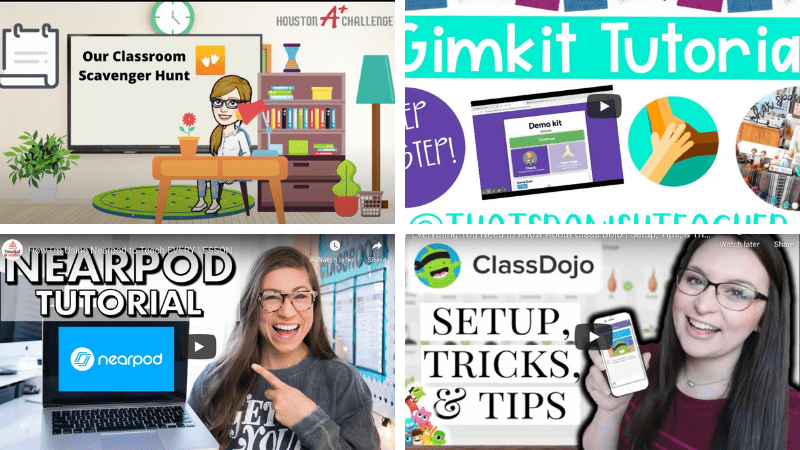A picture of four different You Tube Videos that explain how to use different tech tools