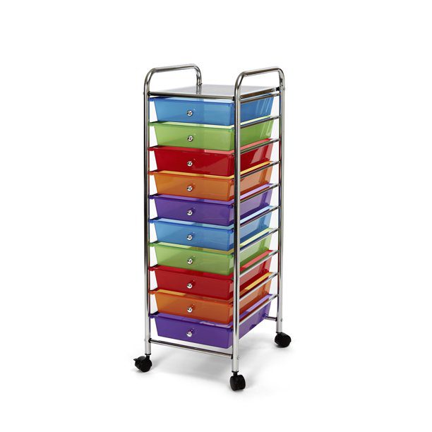 Rainbow colored draws in a rolling organizer cart
