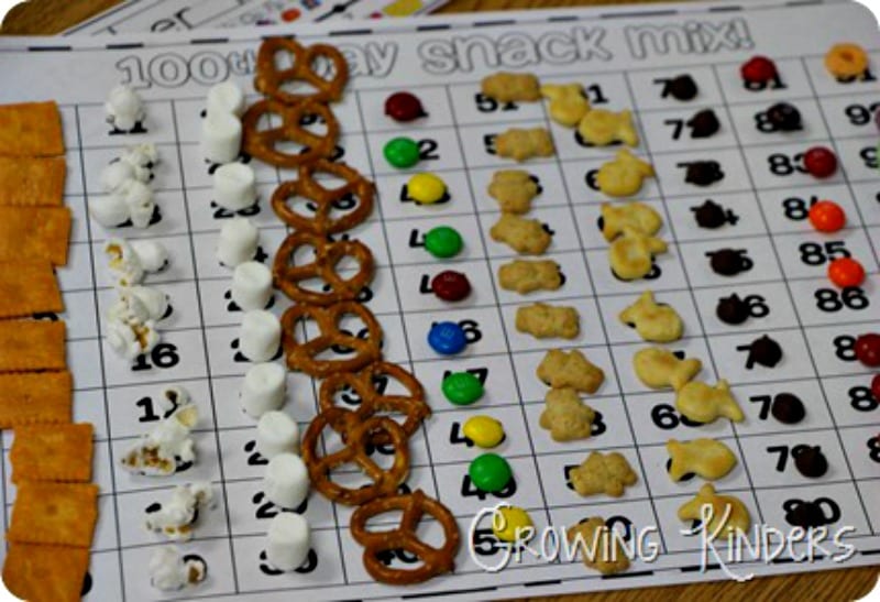 100th Day of school ideas: Grid of 100 squares with snacks covering the numbers