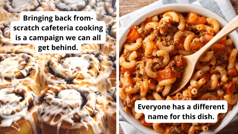 Paired image to illustrate teachers talking about the cafeteria food at their school