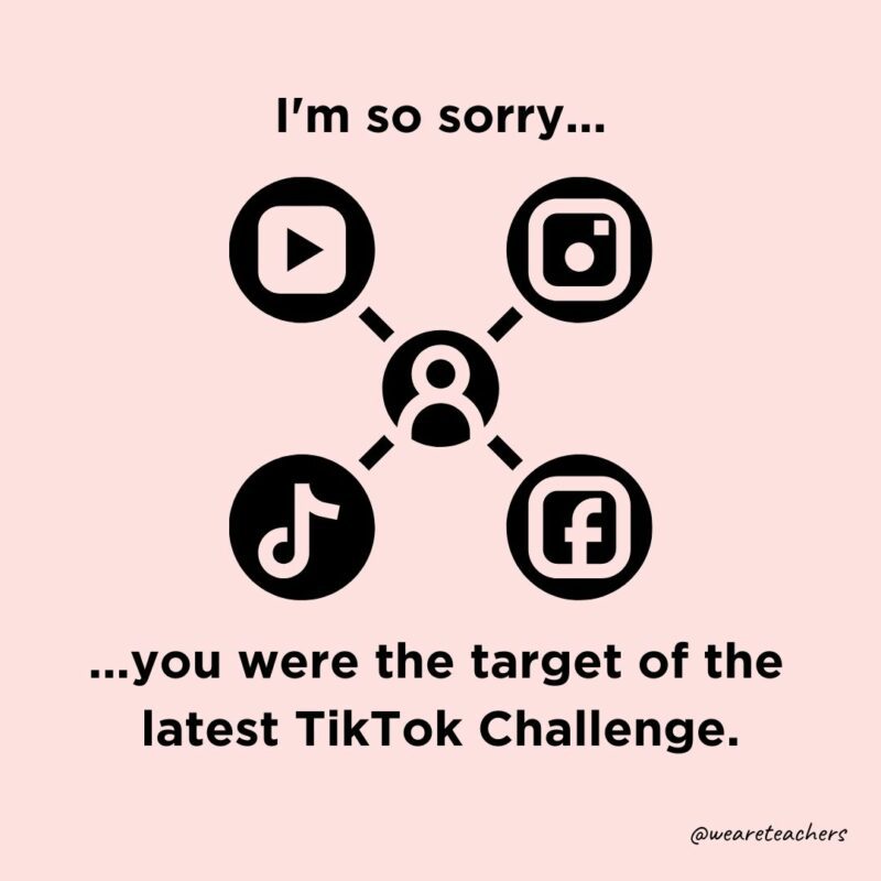 Icon of social media sites with a person icon in the middle with text around the image that says, "I'm so sorry you were the target of the latest TikTok Challenge."