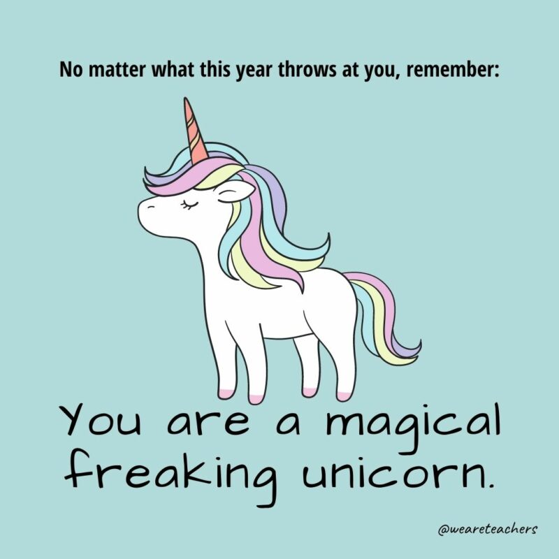 Cartoon of a unicorn. Text reads "No matter what this year throws at you, remember: You are a magical freaking unicorn."