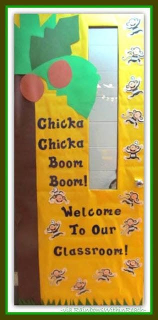 Door decoration of monkeys falling from a coconut tree, with the words "chicka chicka boom boom! Welcome to our classroom!" -- classroom doors 