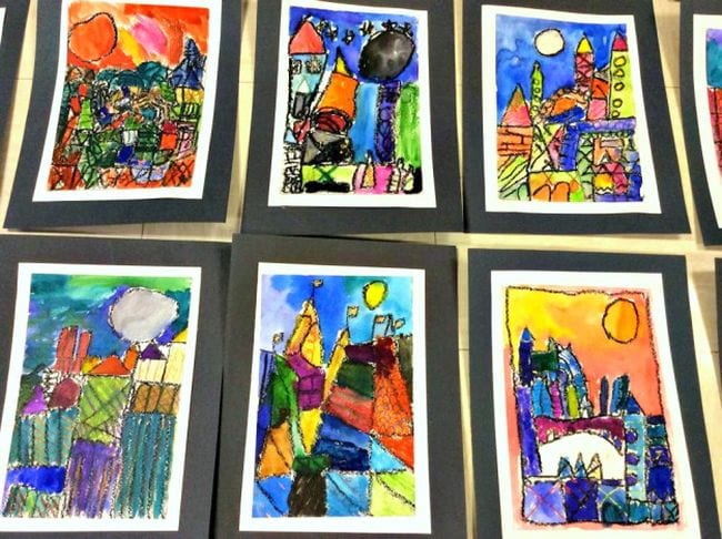 Crayon cityscapes draw in the cubist style of Paul Klee (First Grade Art)