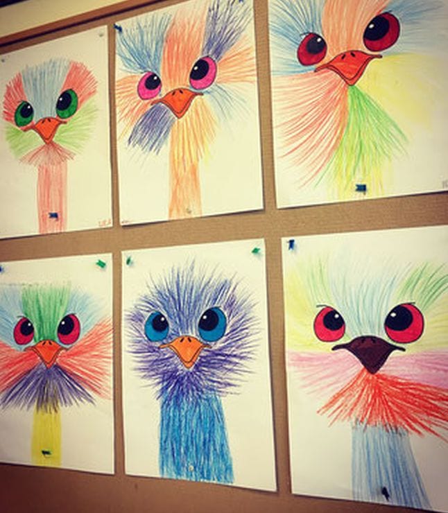 Emu heads made of colorful lines with large eyes (First Grade Art)