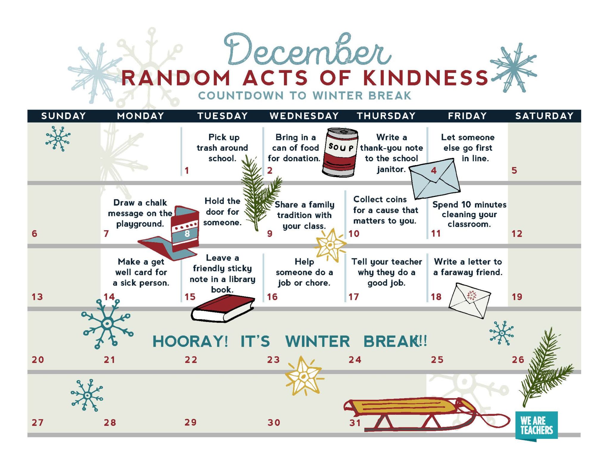 Random Acts of Kindness Calendar Free Printable for the Classroom