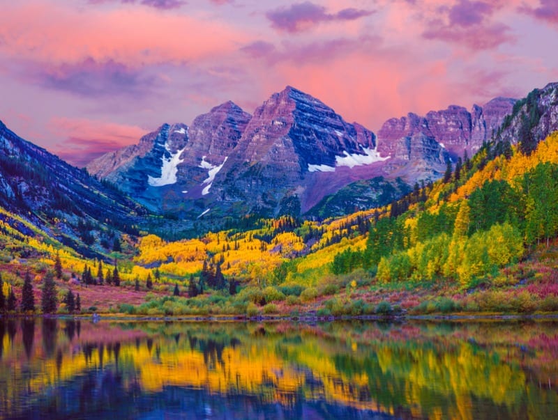 Dawn at Maroon Bells With Autumn Aspen Trees and Maroon Lake in the Rocky Mountains near Aspen Colorado