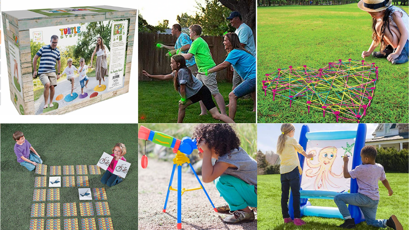 A collage of pictures of teacher approved outdoor toys for kids