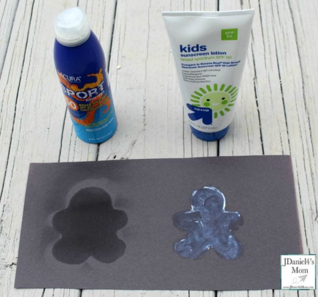 Black construction paper with gingerbread man outlines covered in sunscreen, showing paper has faded except where protected by sunscreen (2nd Grade Science)