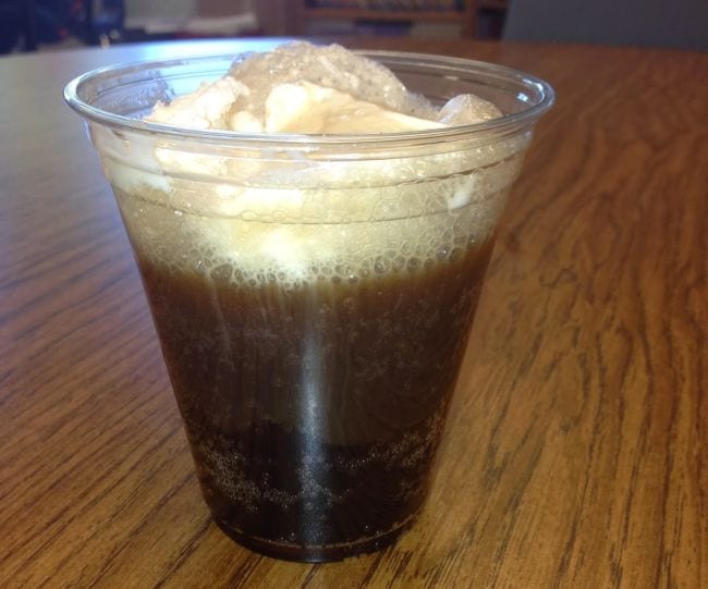 Plastic cup containing root beer and vanilla ice cream (2nd Grade Science)