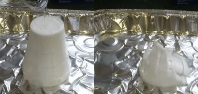 Collage of styrofoam cup siting in a tin and same cup dissolving