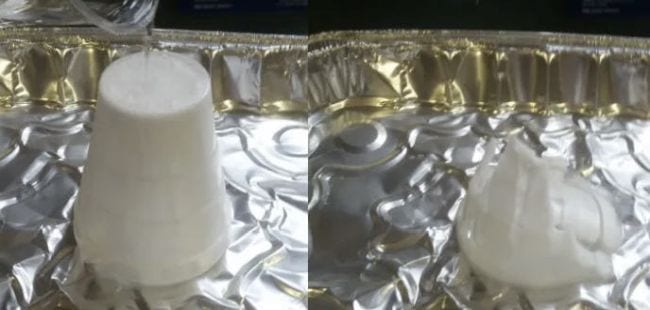 Collage of styrofoam cup sitting in a tin and same cup dissolution