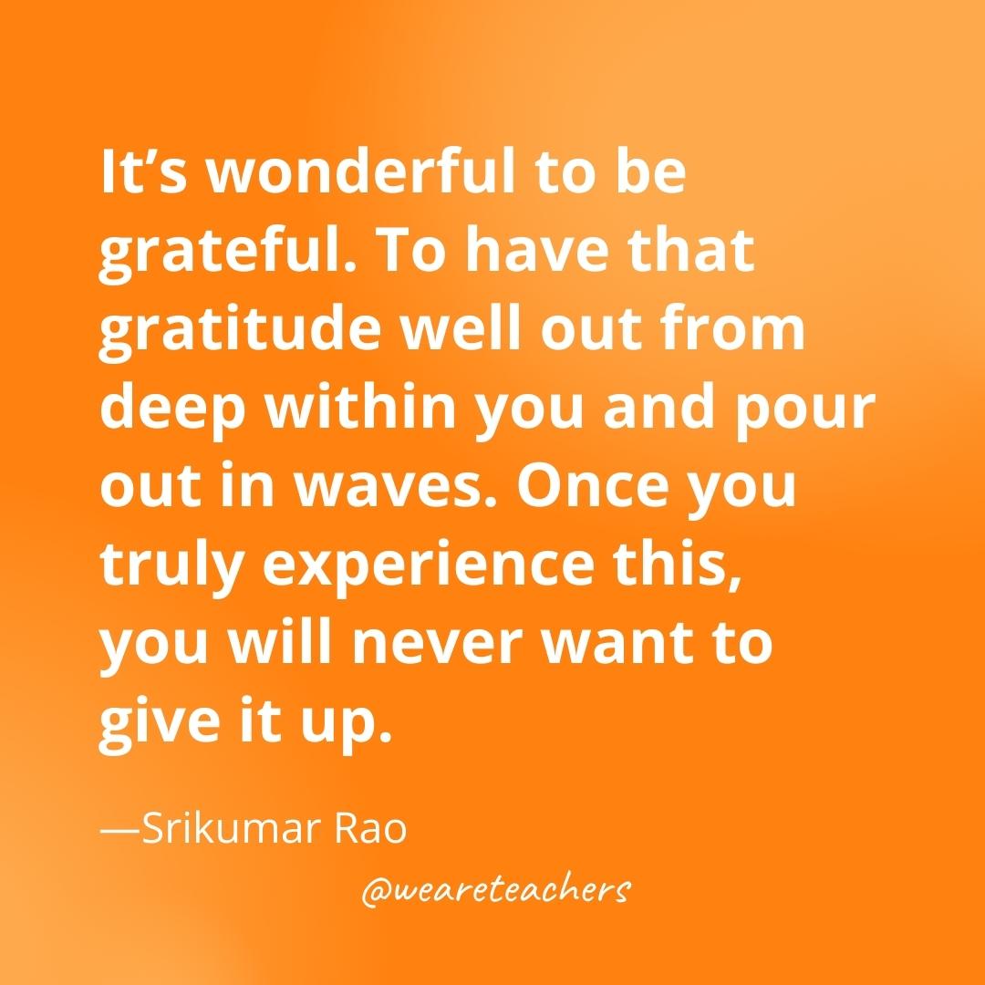 It’s wonderful to be grateful. To have that gratitude well out from deep within you and pour out in waves. Once you truly experience this, you will never want to give it up. —Srikumar Rao