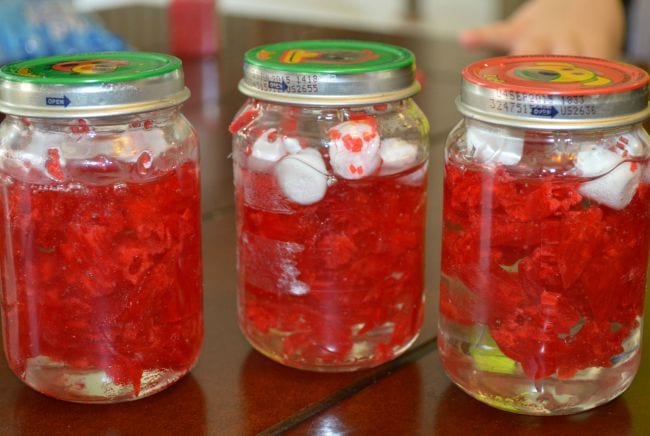 Frascos de cristal llenos de jarabe de maíz, caramelos rojos y malvaviscos (Ciencia de cuarto grado)