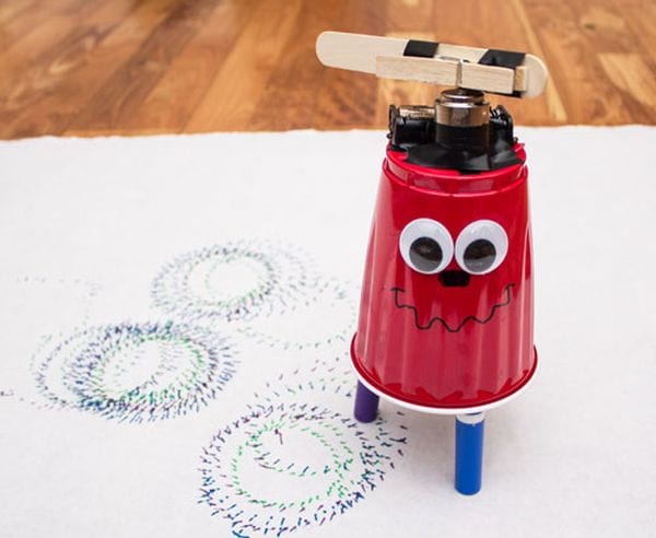 Plastic cup turned into a simple wiggling robot with markers for feet (Fourth Grade Science)