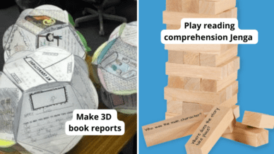 3D book report made out of paper and comprehension jenga