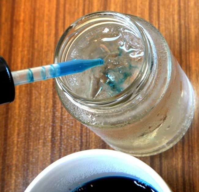 Water dropper adding blue water to a jar of clear water with ice (Fifth Grade Science)