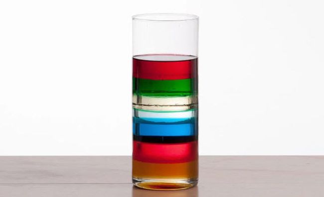 Glass cylinder filled with layered colored liquids (Easy Science Experiments)