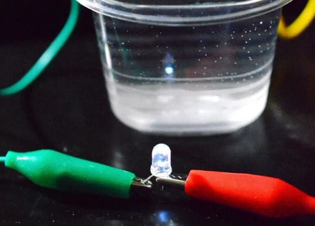 Two alligator clips holding a lit LED with a cup of water in the background (Fifth Grade Science)