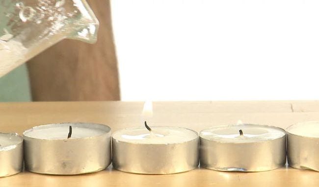 Series of lighted tea light candles, with a beaker held over top