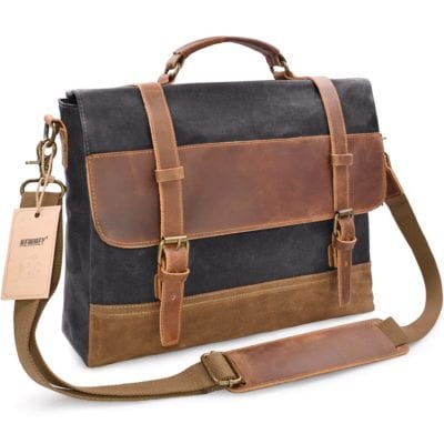 Black brown leather messenger bag with buckle straps