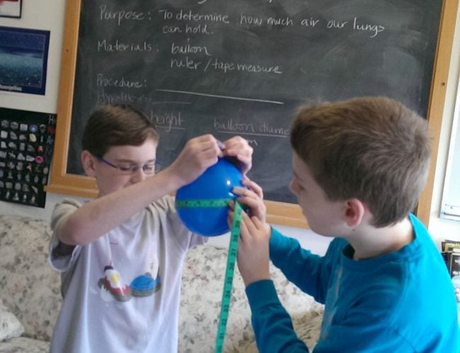 Two eighth grade science students measuring the circumference of a blue balloon