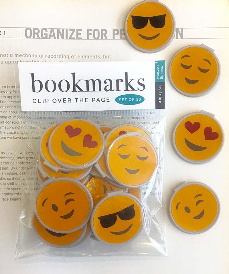 Plastic bookmarks with emoji faces in a plastic bag
