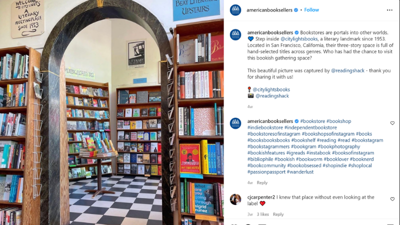 Instagram post of a arched doorway in a bookstore 