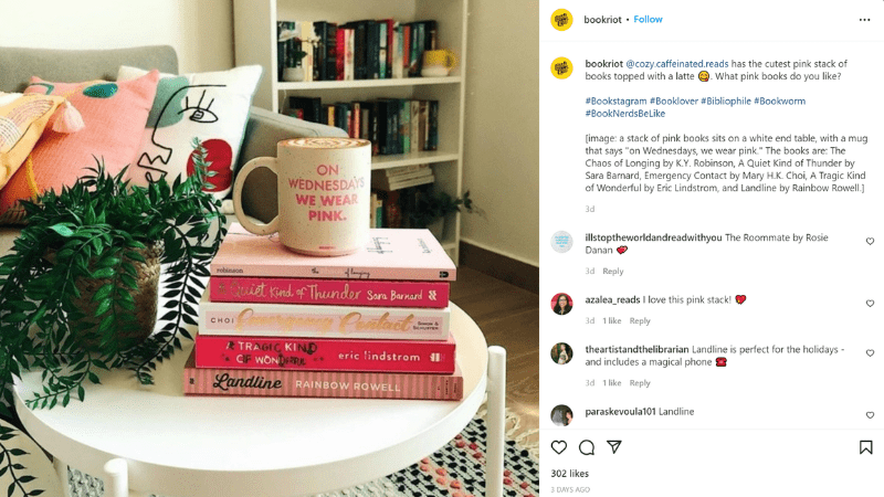 Instagram post of a stack of books in a cozy living room
