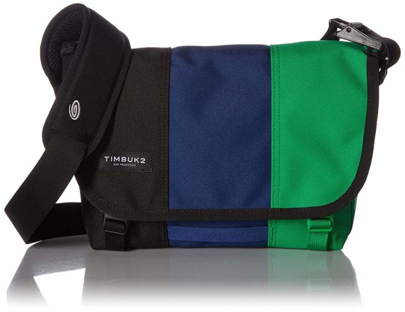 Timbuk2 messenger bag striped in black, blue, and green with black strap