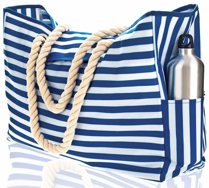 Blue and white striped canvas bag with thick rope handles and water bottle pocket (Best Teacher Bags)