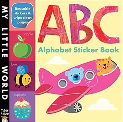 A Book cover has a large ABC on it and says Alphabet Sticker Book.  It has a pink plane on it with two cartoon animals in the windows. 