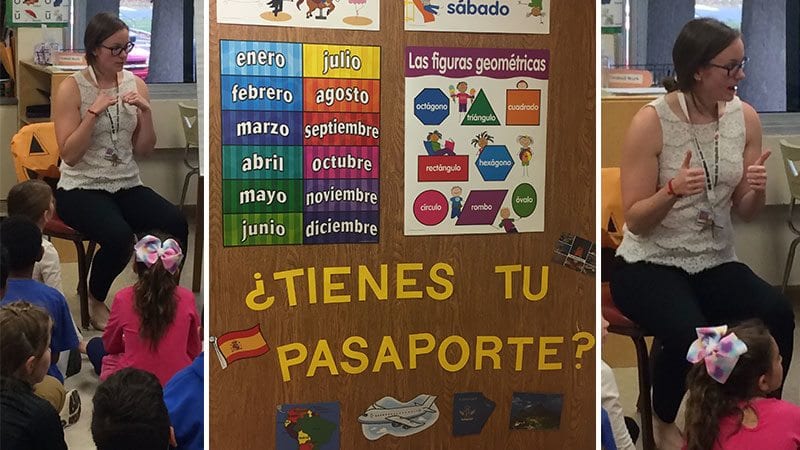 Collage of images from a Spanish classroom, including language teacher sitting on a chair talking to students sitting on floor and a bulletin board with Spanish words for months and shapes.