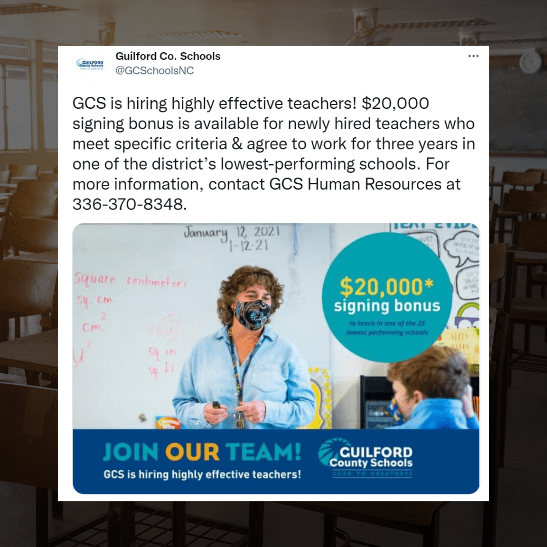 Tweet from a district offering $20,000 sign on bonuses for new teachers