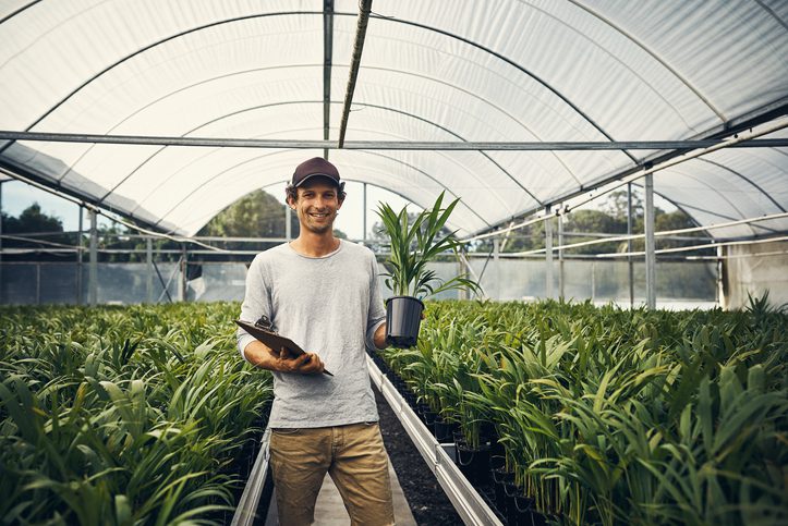 young man standing in middle of a greenhouse