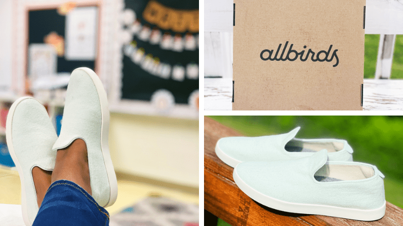 collage with woman wearing Allbirds with feet on desk with classroom in background, Allbirds shoebox, Allbirds Wool Loungers Review- kindergarten teacher gifts