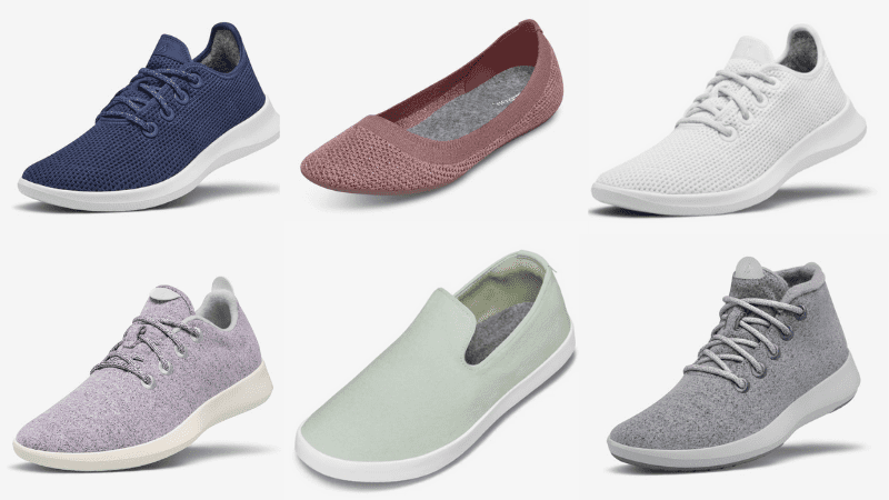 Allbirds shoes: navy Tree Runners; pink Tree Breezers; white Tree Runners; orchid Wood Runners; mint slip-ons; gray Wool high tops 