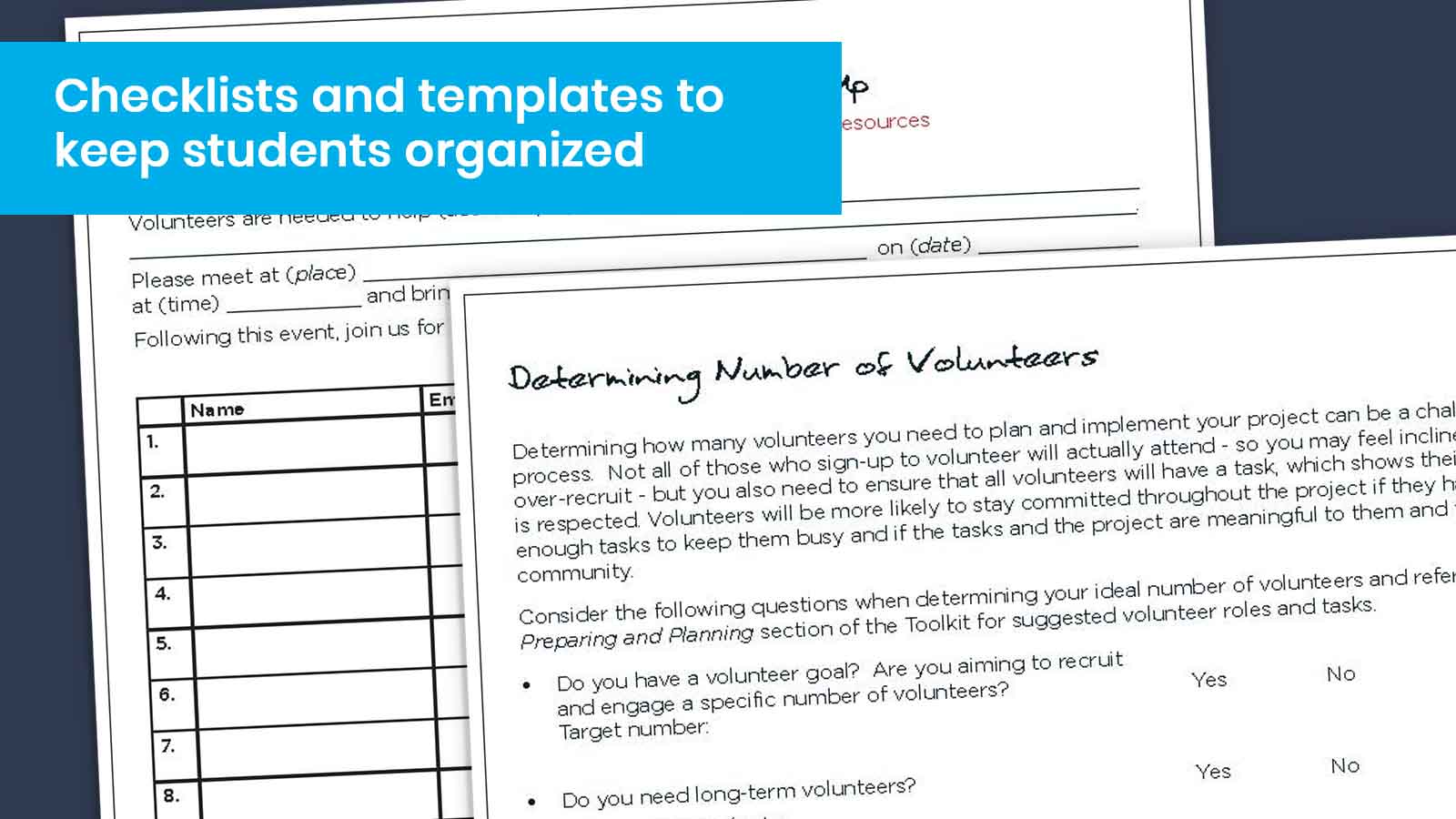 Pictures of worksheets students can use during a Youth Service America service learning project