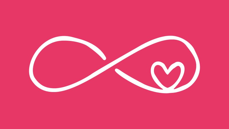White infinity sign with a heart inside of it on a pink background.