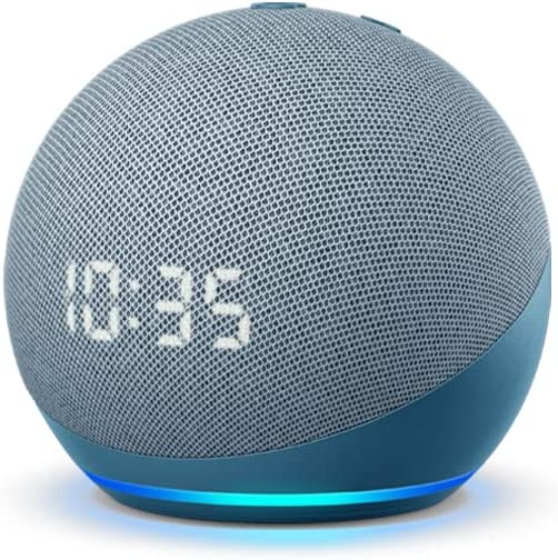 Blue-gray Amazon Echo dot, 5th generation with clock.