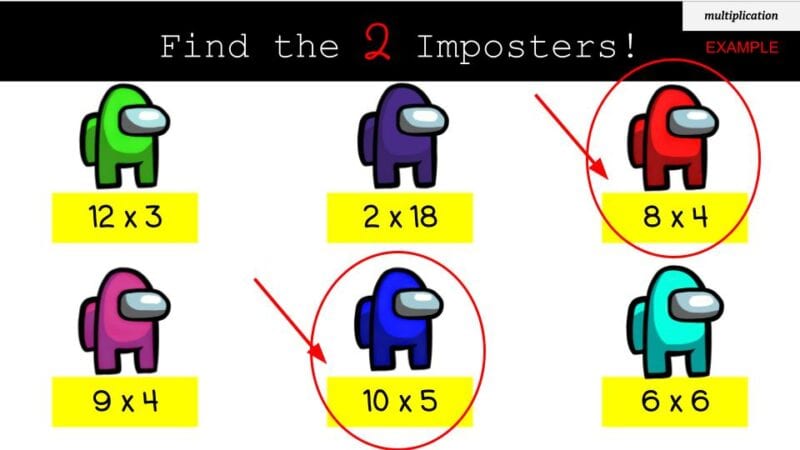 Among Us Find the Impostor multiplication activity 