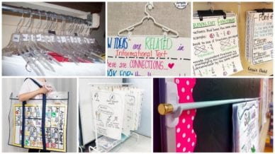 Six separate images of anchor chart organization ideas using hangers.