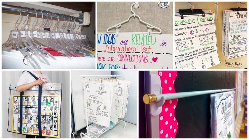 Six separate images of anchor chart organization ideas using hangers.