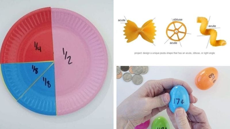 Three separate images of at-home math manipulatives.