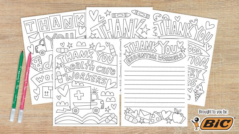 Blank coloring pages with space to write thank you's.