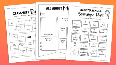 First Day of School Printables - Classmate Bingo, Back to School Scavenger Hunt, All About Me Printable