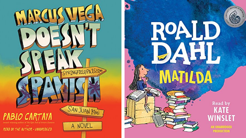 Best audiobooks for kids book covers: Marcus Vega Doesn't Speak Spanish and Matilda